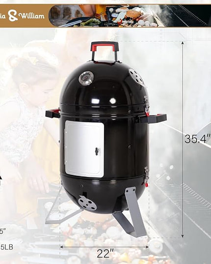 Sophia & William 18-Inch Vertical Charcoal Smokers BBQ Grills with Porcelain-Enameled Smoking Chamber & 2-Layer Smoking Shelves, Outdoor Smokers & Tabletop Grill Combo for Barbecue Camping(Black)