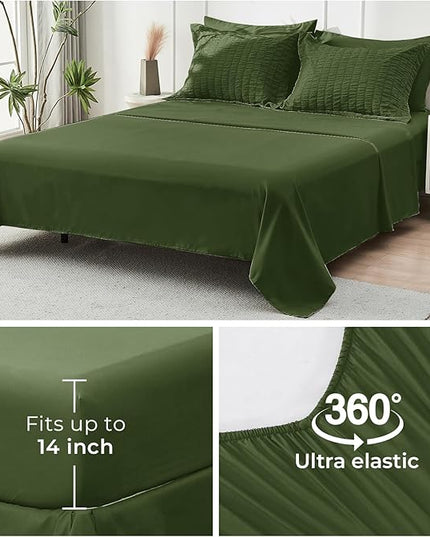 HYMOKEGE Olive Green California King Comforter Set Seersucker 7 Pieces, All Season Luxury Bed in a Bag for Bedroom, Bedding Set with Comforter, Sheets, Pillowcases & Shams
