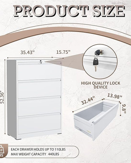 4 Drawer Lateral File Cabinet with Lock, Metal File Cabinet, Lateral File Cabinets for Home Office, Heavy Duty File Storage Cabinet for Legal/Letter/A4 Document, Assembly Required, White
