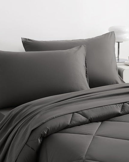 NTBAY Twin Comforter Set with Sheets, 5 Pieces Soft and Breathable Twin Bedding Set, Twin Bed in a Bag, Down Alternative Comforter Set Solid Color All Season, Kids Bedding Set, Dark Grey