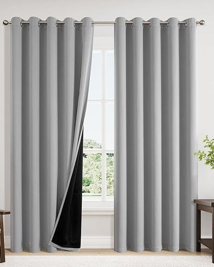 ChrisDowa 100% Blackout Curtains 84 inch Long for Bedroom with Black Liner, Extra Wide 2 Thick Layers Total Blackout Thermal Insulated Grommet Window Curtains 2 Panels Set (Light Grey, 60 x 84 Inch)