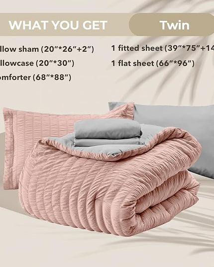 HYMOKEGE Rose Gold/Light Grey Twin Comforter Set Seersucker 5 Pieces, All Season Luxury Bed in a Bag for Bedroom, Bedding Set with Comforter, Sheets, Pillowcase & Sham