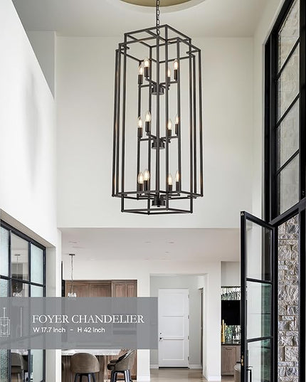 12-Light Lantern Tiered Pendant Light Fixtures, Black Metal Farmhouse Chandelier Hall Foyer Hanging Chandelier for Kitchen Island Dining Room Living Room Foyer Entryway, Black
