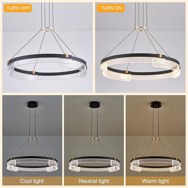 Modern LED Pendant Light Dimmable Black LED Chandelier for Dining Room Pendant Light Fixture Over Table Modern Chandelier Kitchen Island Living Room Entryway, 24 inch 3000K-6500K