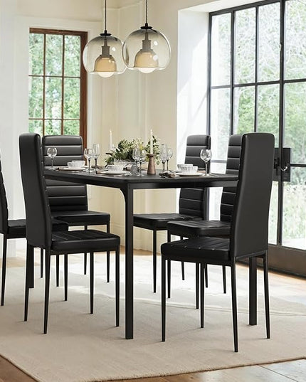 Gizoon Dining Table Set for 6, Kitchen Table Chairs Set of 6, 7 Piece Kitchen Table Set with 6 Upholstered PU Leather Chairs for Dining Room, Living Room, Apartment, Small Space, Black