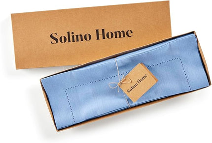 Solino Home Linen Cloth Placemats Set of 4-100% Pure Linen Hemstitch Cornflower Blue Placemats 14 x 19 Inch - Classic Hemstitch Table Place Mats for Christmas, Holiday, New Year
