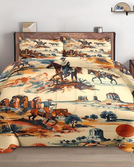 Comforter Set Full Size, Vintage Western Cowboy Soft 3 Pcs Bedding for Kids and Adults West Horse Desert Comforter Set with 2 Pillowcases for Bedroom Bed Decor