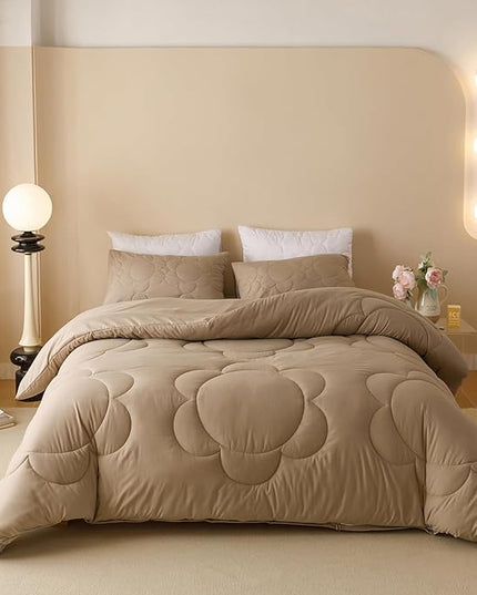 Luxlovery Cream Coffee Comforter Set Full Khaki Sunflower Bedding Comforter Mocha Coffee Bedding Comforter Set Floral Boho Farmhouse Quilted Soft Breathable Bedding Set Full Size