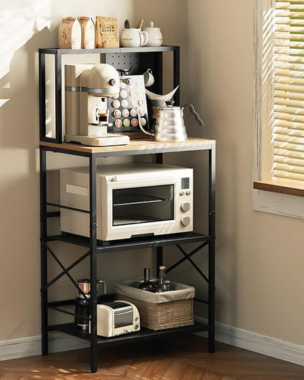 Kitchen Bakers Rack with Pegboard, 4-Tiers Coffee Bar Table, Heavy-Duty Metal Microwave Stand, Adjustable Storage Shelf Rack for Living Room, Garage, Office