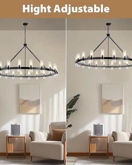 20-Light Large Black Wagon Wheel Chandelier with Glass Shades, 60 Inch Farmhouse Industrial Round Chandelier for High Ceilings, Pendant Lighting Fixture for Dining Living Room Kitchen Island Foyer