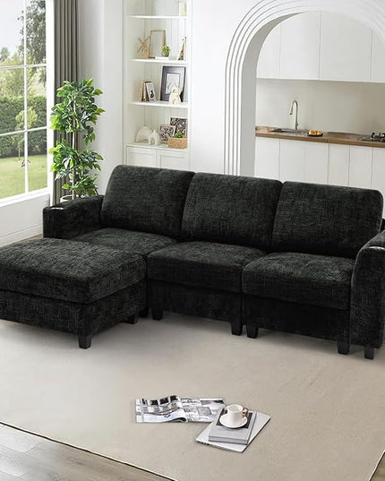 87" Chenille Sectional Sofa with Movable Ottomans, Modular L-Shape Couch with Cup Holders, Convertible 3 Seater Sofa with Well-Filled Backrest Cushions for Living Room, House, Black
