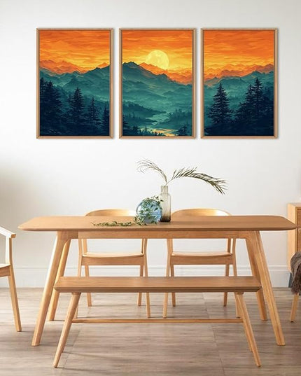 HOURIA Large Sunrise Mountain Forest Landscape Framed Canvas Wall Art Set,Orange Sky Green Ridge Wall Decor,Nature Pine Tree Artwork,Boho Watercolor Art Print for Living Room, Bedroom- 16"x24"x3