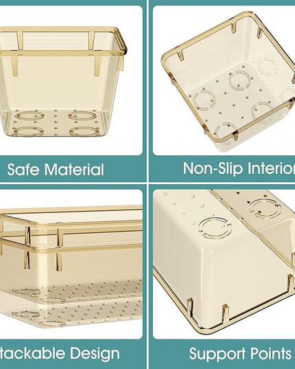 WOWBOX 25 PCS Plastic Drawer Organizer Set, 4 Sizes Desk Drawer Divider Organizers and Storage Bins for Makeup, Jewelry, Gadgets for Kitchen, Bedroom, Bathroom, Office, Clear Champagne