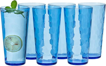 26oz Blue Acrylic Glasses Drinkware (Set of 6), Hammered Design Shatter-Proof Plastic Cups, Reusable Large Drinking Tumblers, Stackable, BPA-Free, Dishwasher-Safe (Blue)