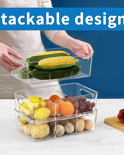 Pantry Organizers and Storage, 8 Pack Snack Organizer for Pantry Shelf,Food Storage Bins with Divider,Clear Containers for Organizing,Transparent Plastic Basket,Refrigerator and Fridge Bins