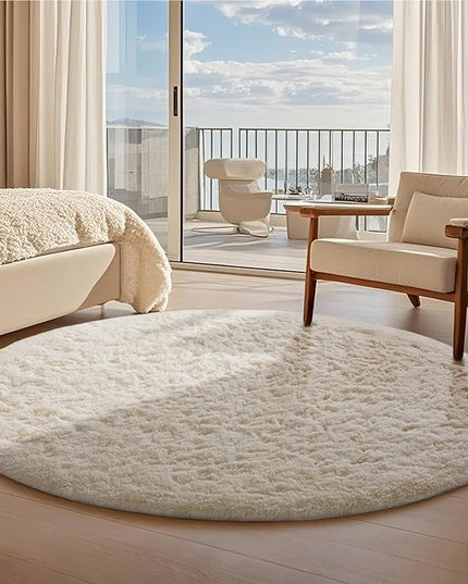 Ophanie Round Rugs 8Ft Ivory Circle Area Rug, Aesthetic Room Decor, Fluffy Fuzzy Bedroom Carpet, Plush Soft Shaggy Cream Living Room Rugs for Kids Home Decor, Nursery