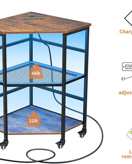 HAIOOU Corner Printer Stand Table with Power Outlet Charging Plugs USB Port & LED Lights, 3-Tier Corner Table with Wheel, Metal Frame Adjustable Storage Shelf for Home Office Kitchen