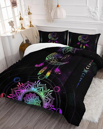 AILONEN Moon Comforter Set Full Size, Black Galaxy Bohemian Bedding Set,Celestial Bedding Mandala Bed in a Bag Duvet Set,Colorful Starry Comforter Sets 3 Pieces, 1 Quilt and 2 Pillowcases