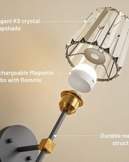 Crystal Battery Operated Wall Sconces Set of 2, Black and Gold Rechargeable Wireless Wall Lights with Crystal Lampshade, 12 RGB and 3CCT Dimmable Wall Lamps with Remote for Bedroom Living Room Hallway