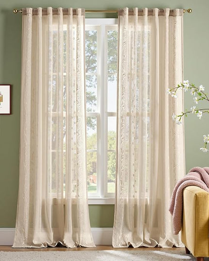 jinchan Winslow Sheer Curtains 96 Inch for Bedroom Living Room Embroidered Bordered Floral Nursery Curtains for Playroom Light Filtering, Ivory on Beige, 2 Panels, 50W x 96L