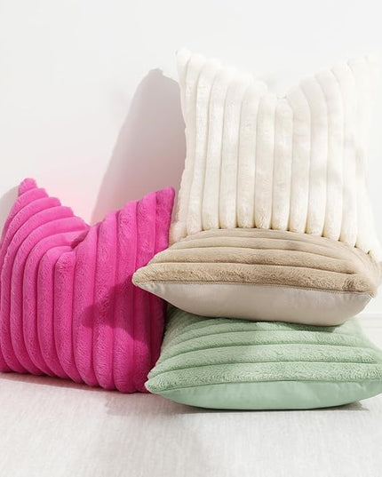 decorUhome Faux Fur Spring Throw Pillow Covers 20x20 Set of 2, Decorative Soft Plush Striped Neutral Couch Euro Pillow Covers with Velvet Back for Sofa, Bed, Living Room Home Decor, Sage Green