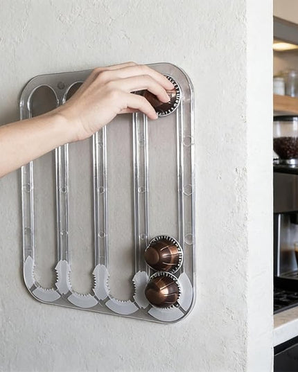 Under Cabinet Coffee Pods Organizer for Nespresso Capsules Vertuo, Holds Up to 24 Capsules in 4 Rails |Enter from One Side, Pull Out from the other|- Color Clear