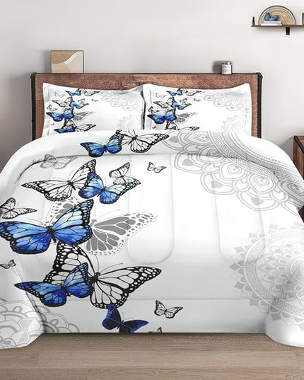 Twin Size Comforter Set with Pillowcase, Summer Spring Blue Butterfly 2 Pcs Bedding for Kids and Adults, Abstract Circular Mandala Floral Soft Comforter Set for Bedroom Bed Decor