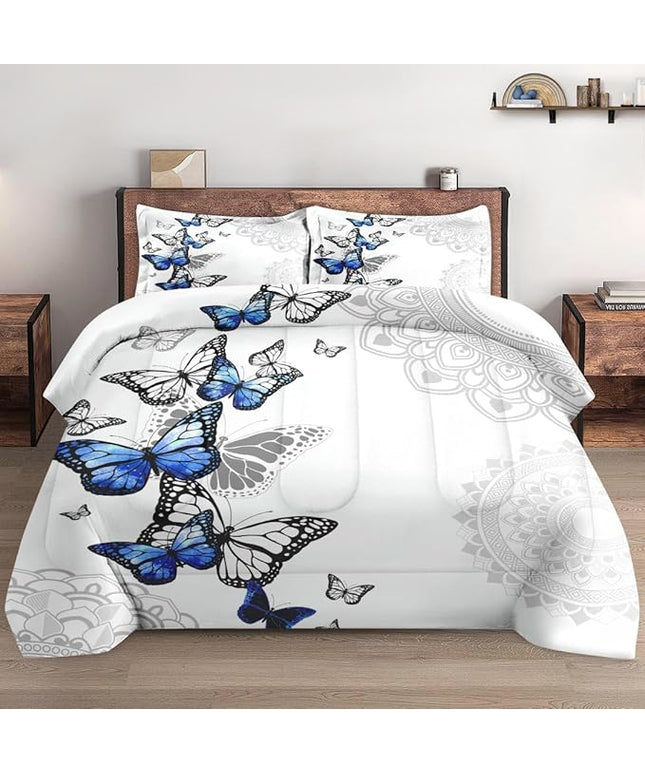 Twin Size Comforter Set with Pillowcase, Summer Spring Blue Butterfly 2 Pcs Bedding for Kids and Adults, Abstract Circular Mandala Floral Soft Comforter Set for Bedroom Bed Decor