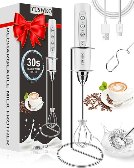 YUSWKO Milk Frother Handheld for Coffee with Stand, Rechargeable Drink Mixer with 3 Heads 3 Speeds Electric Coffee Frother Whisk, Gift for Many Occasions and Festival
