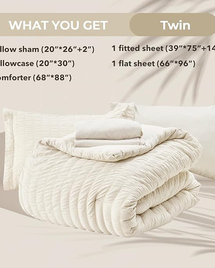 HYMOKEGE Ivory Twin Comforter Set Seersucker 5 Pieces, All Season Luxury Bed in a Bag for Bedroom, Bedding Set with Comforters, Sheets, Pillowcase & Shams