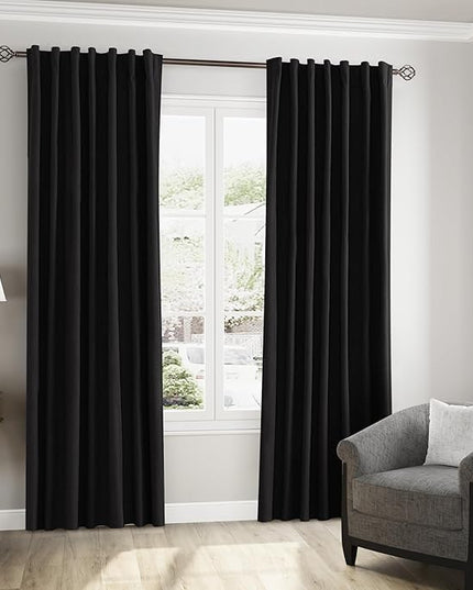 Guken Black Linen Blackout Curtains 84 Inch Length 2 Panels Set for Living Room Bedroom Back Tab Thermal Insulated 100% Black Out Linen Drapes Room Darkening Window Curtains 84 Inches Long