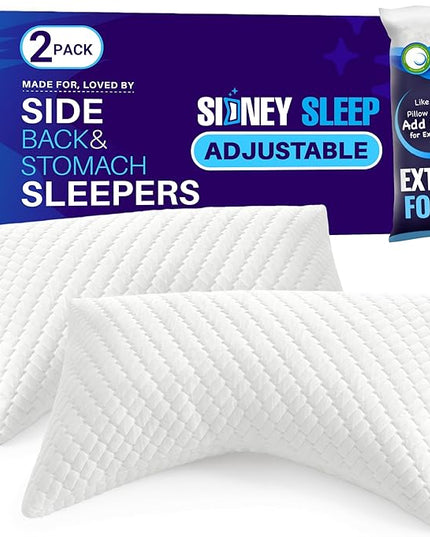 Sidney Sleep Set of 2 Queen Size Bed Pillows for Side and Back Sleepers - Adjustable Filling - Memory Foam Pillows for Neck and Shoulder Pain - Customizable Loft - Extra Foam Included (White)