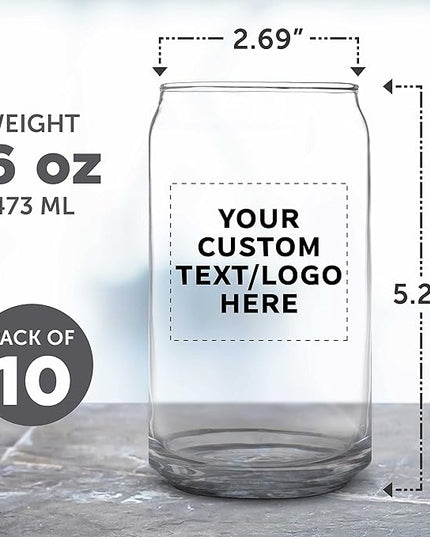 Custom Beer Can Glasses Set of 10, 16 oz. Pint Sized, Promotional Text, Logo, Soda Can Shape, Glassware, Clear