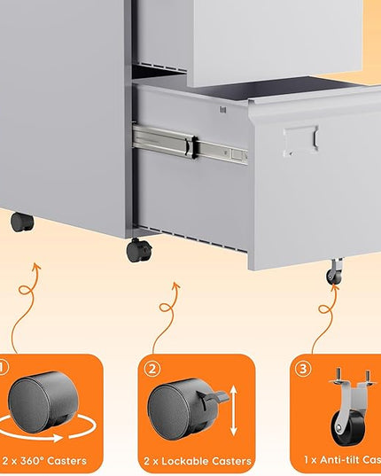 METAN 2 Drawer Vertical File Cabinet with Lock, Mobile Metal Filing Cabinet for Legal/Letter Size, Office Storage File Cabinet Under Desk with Card Holder,Assembly Required,White