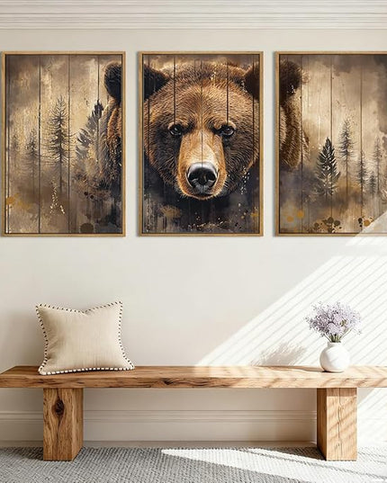 ANHUIB Brown Bear Wall Art 16x24 Inch Forest Paintings Rustic Wildlife Wall Decor Set of 3 for Living Room Bedroom Dining Room