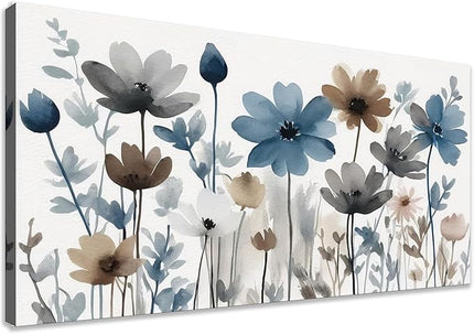 KZKU Flowers Canvas Wall Art - Floral Pictures for Wall Decor Indigo Brown Grey Canvas Prints Nature Printing Artwork for Living Room Bedroom Home Office Wall Decoration 24" x 48"