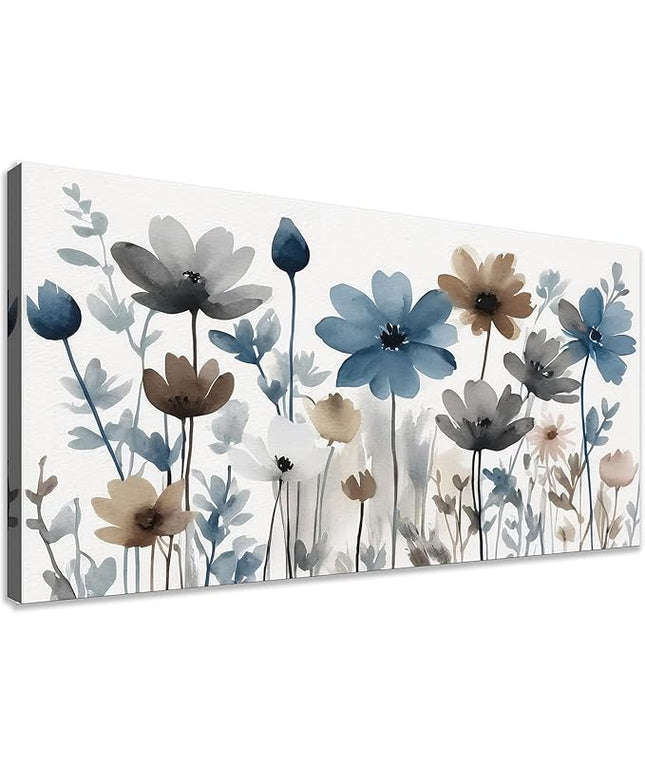 KZKU Flowers Canvas Wall Art - Floral Pictures for Wall Decor Indigo Brown Grey Canvas Prints Nature Printing Artwork for Living Room Bedroom Home Office Wall Decoration 24" x 48"