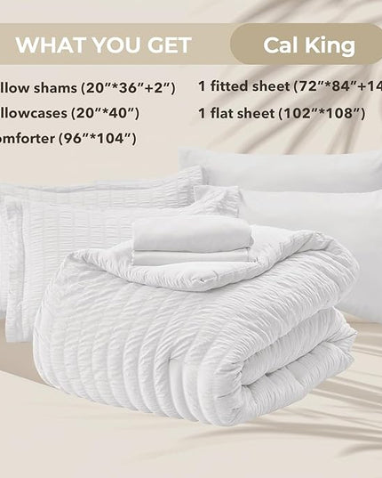 HYMOKEGE White California King Comforter Set Seersucker 7 Pieces, All Season Luxury Bed in a Bag for Bedroom, Bedding Set with Comforters, Sheets, Pillowcases & Shams