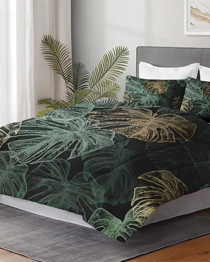 Queen Size Comforter Set with 2 Pillowcases, Green Tropical Leaves 3 Pcs Bedding for Kids and Adults, Monstera Palm Leaf Soft Comforter Set for Bedroom Bed Decor
