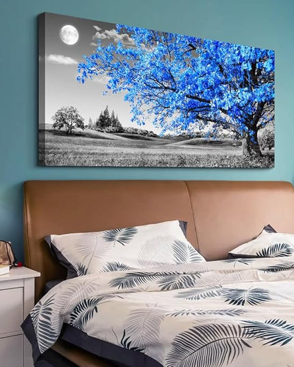 Wapluam Canvas Wall Art For Living Room Modern Wall Decor For Bedroom Black And White Wall Paintings Blue Tree Scenery Pictures Prints Artwork Office Decor Room Aesthetic Home Decor 20" X 40"