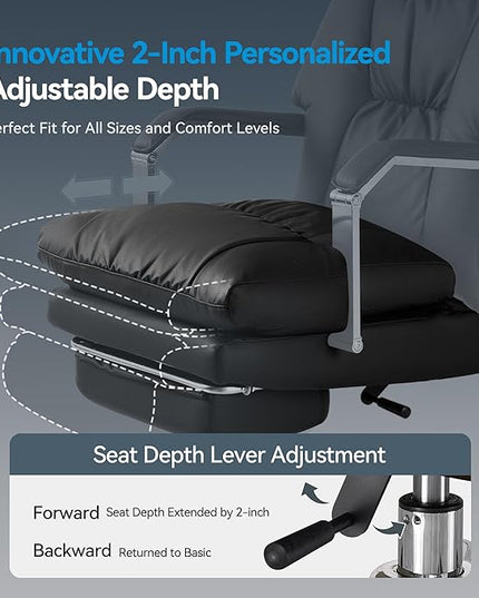 Reclining Office Chair with Footrest - 25.6" Wide Seat & Adjustable Seat Depth, Big and Tall High Back Leather Executive Home Office Desk Chair 400lbs, Black
