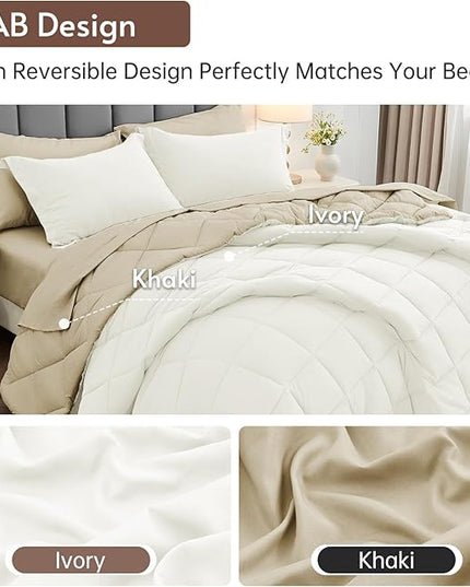 MUXHOMO 7 Pieces Full Comforter Set, Reversible Bed in a Bag Full Size, All Season Bedding Set with Comforter, Flat Sheet, Fitted Sheet, Pillowcases & Shams, Ivory & Khaki
