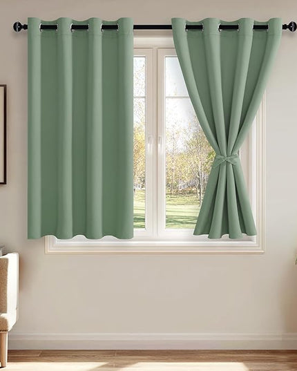 JIUZHEN Light Sage Blackout Curtains with Tiebacks Thermal Insulated, Light Blocking and Noise Reducing Grommet Curtains for and Living Room, Set of 2 Window Curtain Panels, 52 x 45 Inch Length