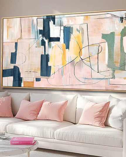 Pink Abstract Painting Large Wall Art Living Room Decor Blue Canvas Print Line Artwork Home Office Decoration 29x58 Inch