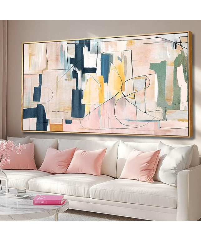 Pink Abstract Painting Large Wall Art Living Room Decor Blue Canvas Print Line Artwork Home Office Decoration 29x58 Inch