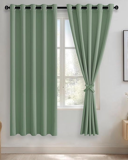 JIUZHEN Light Sage Blackout Curtains with Tiebacks Thermal Insulated, Light Blocking and Noise Reducing Grommet Curtains for and Living Room, Set of 2 Window Curtain Panels, 60 x 72 Inch Length