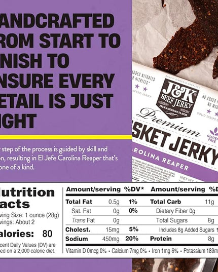 J&K Jerky Carolina Reaper Beef Brisket Jerky - Small Batch American Made Slab Beef Jerky's Spicy and Savory Snack with a Kick - Bold & Flavorful Snack! - 7oz Big Bag of Jerky's