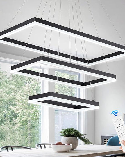 3 Rings Modern LED Chandelier Black 31.5inch Rectangle Dimmable LED Pendant Light with Remote Control 3 Tier Flush Mount High Ceiling Light for Dining Living Room Foyer(3000K-6500K, H71)