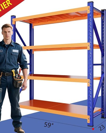 79" H Garage Shelving,4200 LBS Heavy Duty Storage Rack,4 Tiers Metal Storage Rack Shelf, Adjustable Shelving Unit for Garage,Kitchen,Warehouse,Basement,78.7" H x 59" W x 23.6" D,Blue&Orange
