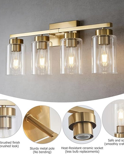 4-Light Bathroom Light Fixtures, Gold Modern Vanity Lights Over Mirror, Bathroom Wall Sconces with Clear Glass Shade for Living Room Bedroom Hallway Cabinet Porch